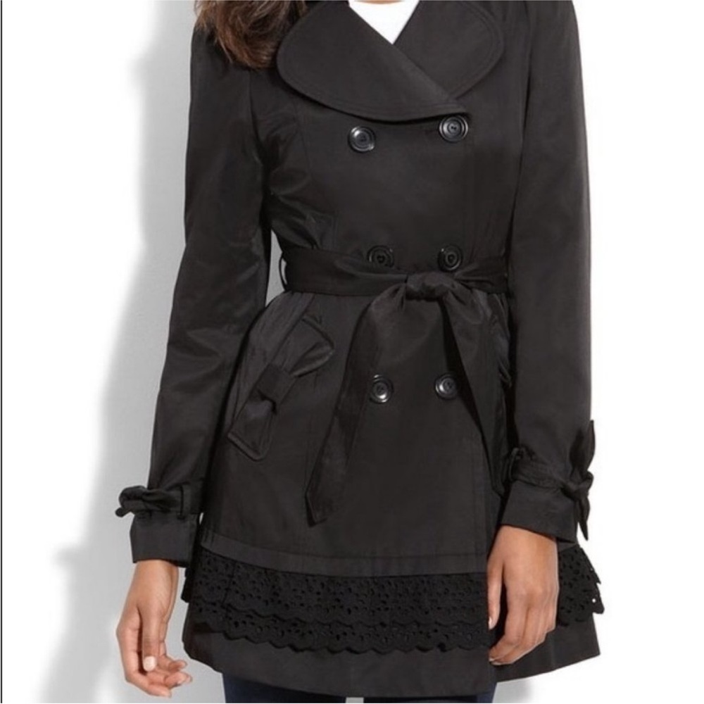 ISO! Betsey Johnson Black Double-Breasted Trench Coat with eyelet trim and bows